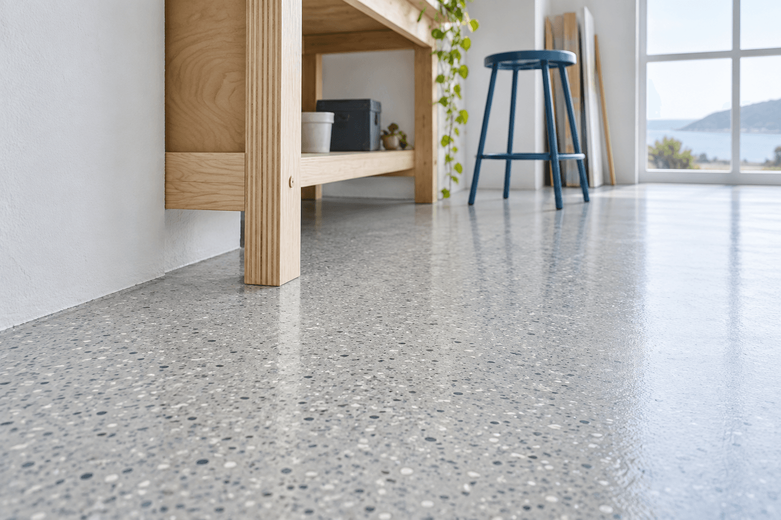 Close view of a pale decorative flake floor beside a birch workbench and a blue stool.