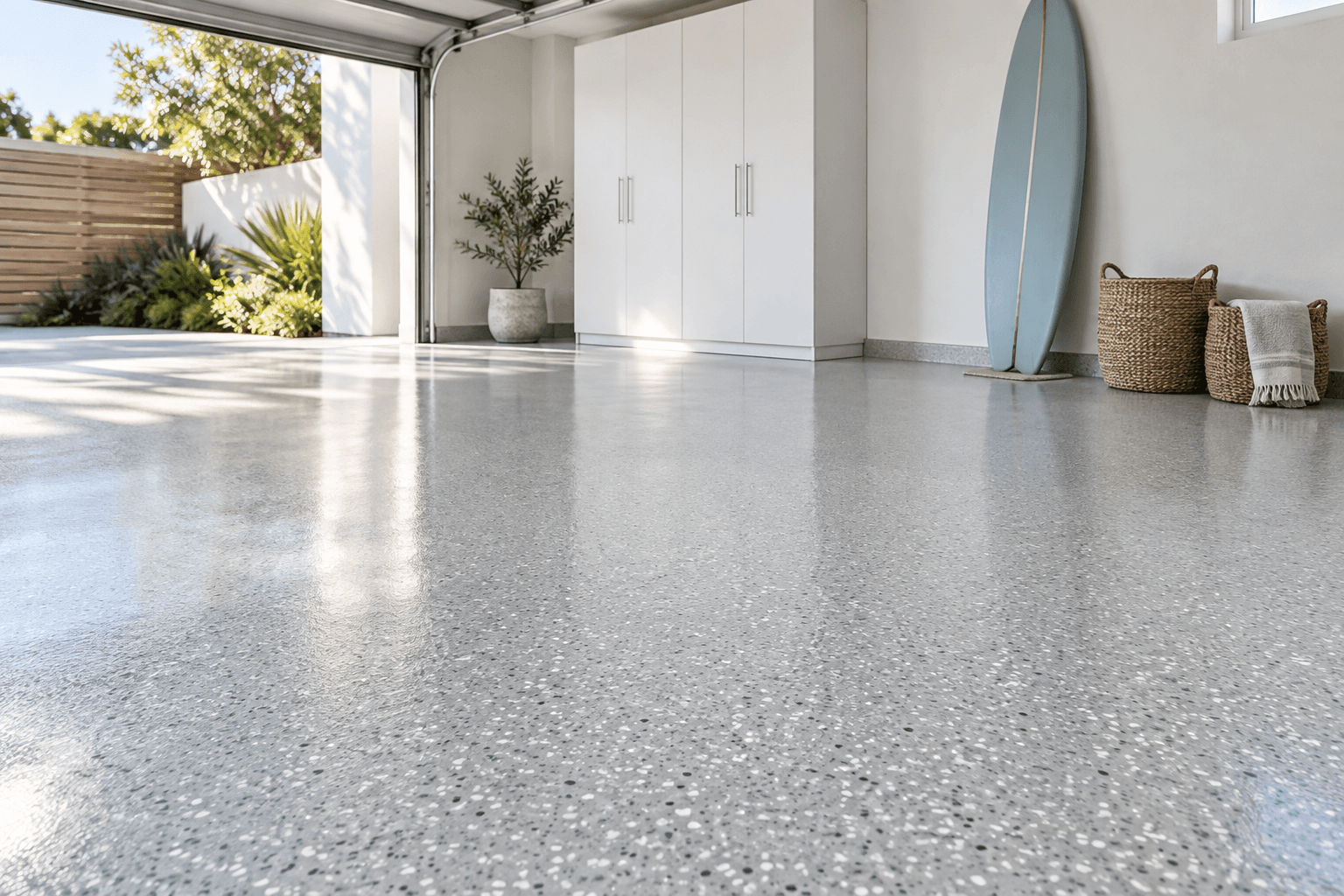 Pale mineral flake epoxy garage floor in an airy space with white storage and a blue surfboard.